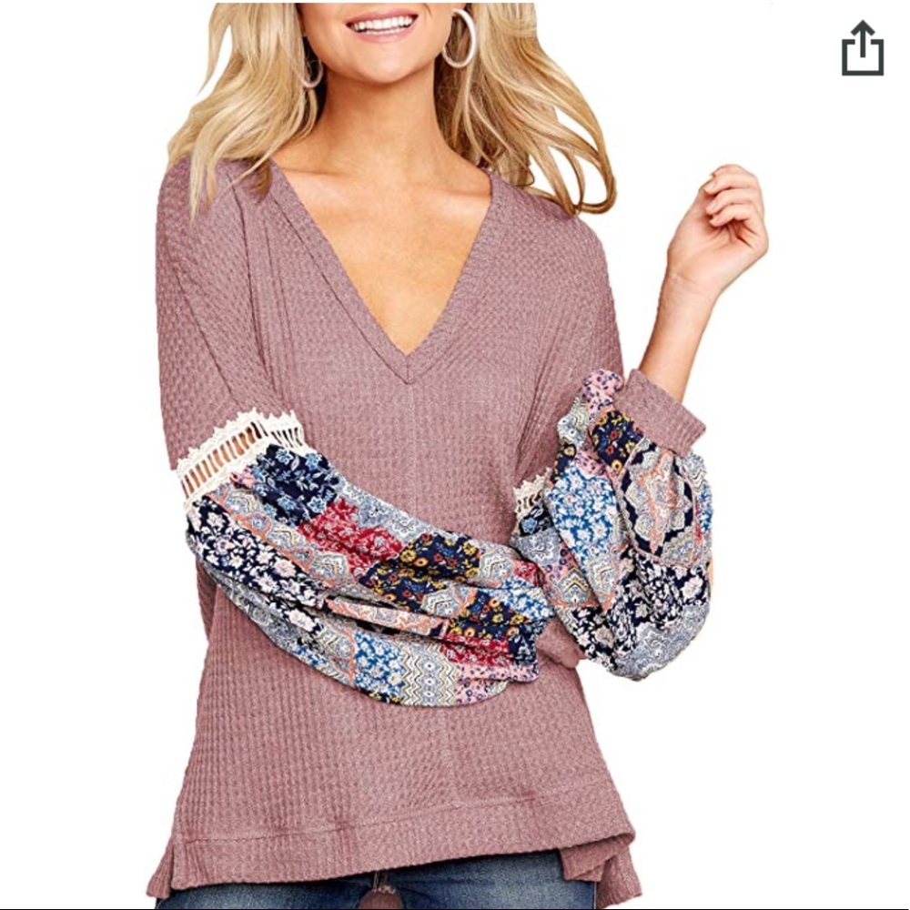 Mauve waffle knit printed sleeve NWT